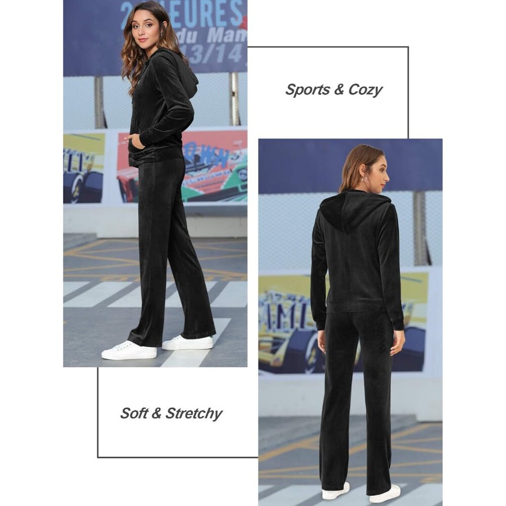 Chic Women's Velour Tracksuit Set with Long Sleeve Zip Hoodie & Sweatpants - Picture 2 of 6